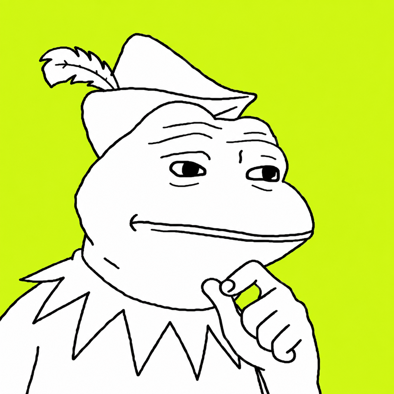 White hand-drawn frog in a bard hat on a neon lime background